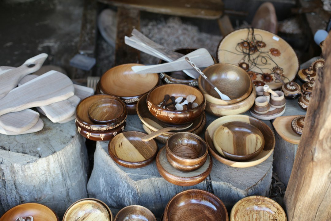 handmade crafts displayed on wooden table